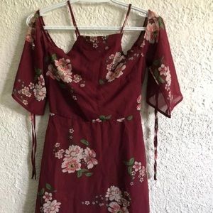 Wine Red Floral Print Stylish Trendy Dress